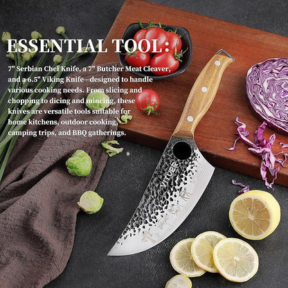 3PCS Butcher Knife Set, Hand Forged 7" Butcher Meat Cleaver, 7" Serbian Chef and 6.5" Viking Knife, Great for Indoor & Outdoor (Stylish Pattern Design)
