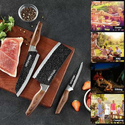 3PCS Chef Knife, Little Cook Chef Knife Set, Includes 7 inch Chef Knife, 7 inch Cleaver Knife and 4.5 inch Boning Knife, Premium Stainless Steel With Ergonomic Plastic Handle (Blackening technique)