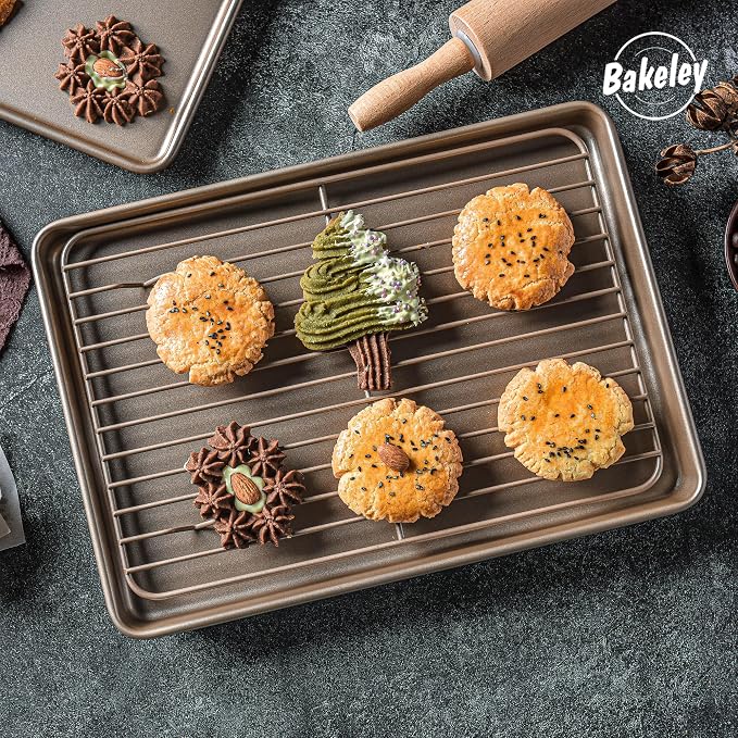 13-inch Baking Sheet Pan with Rack, Non-Stick Rectangular Shallow Dish Sheet Pan with Wire Rack for Oven Baking, BBQ, Jelly Roll and Roasting 13.5" x 9.6" x 1" (Champagne Gold)
