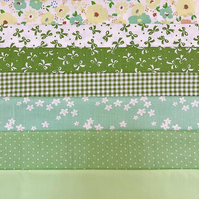 7 pcs 20" x 20" Cotton Fabric DIY Making Supplies Quilting Patchwork Fabric Fat Quarter Bundles DIY for Quilting Cotton Patchwork Cushions (Green Flowers Bow, 20" x 20")