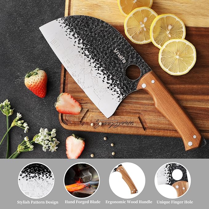 VRUIFA 3 PCS Butcher Knife Set (Serbian, Meat Cleaver, Viking), Hand Forged with Premium Stainless Steel Blades, Ergonomic Wooden Handle Kitchen Knife Set for Home,BBQ, and Camping