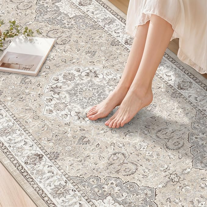 Washable 2x8 Hallway Runner Rug: Vintage Water Resistant Kitchen Entryway Rug Ultra Soft Living Room Bedroom Carpet with Non Slip Backing Indoor Low Pile Floor Mat for Bathroom Dining Room(2x8,Beige)