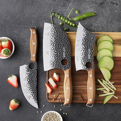 3PCS Butcher Knife Set, Hand Forged 7" Butcher Meat Cleaver, 7" Serbian Chef and 6.5" Viking Knife, Great for Indoor & Outdoor (Stylish Pattern Design)