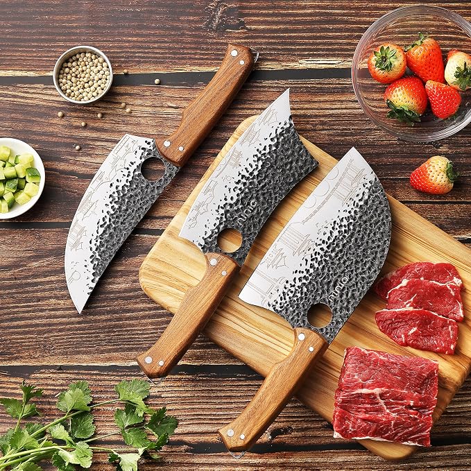 OLULU 3PCS Butcher Knife Set, 7" Butcher Meat Cleaver, 7" Serbian Chef Knife and 6.5" Viking Knife, Kitchen Knife Set with wood Handle, Great for Indoor & Outdoor (Unique Pattern)