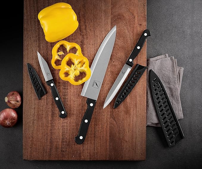 COKUMA Kitchen Knife, 3-Pcs Knife Set With Sheath, 8 Inch Chef Knife, 4.5 Inch Utility Knife, 4 Inch Paring Chef Knife, Stainless Steel, Black