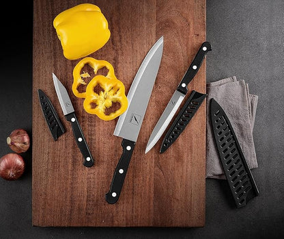 COKUMA Kitchen Knife, 3-Pcs Knife Set With Sheath, 8 Inch Chef Knife, 4.5 Inch Utility Knife, 4 Inch Paring Chef Knife, Stainless Steel, Black