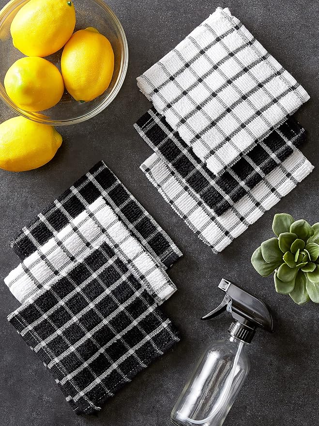 DII Basic Terry Collection Windowpane Dishcloth Set, 12x12, Black, 6 Piece