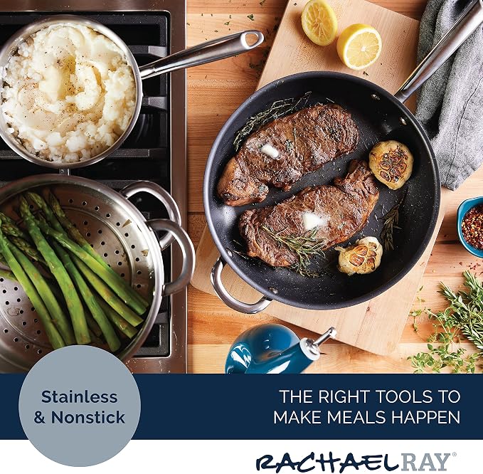 Rachael Ray 70033 Professional Stainless Steel/Hard Anodized Nonstick Cookware Pots and Pans Set, 11 Piece - Gray and Silver