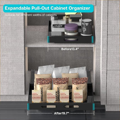 Expandable Pull Out Cabinet Organizer - 17" Deep, Adhesive No Drill, Expandable Drawer For Kitchen, Pantry, Bathroom