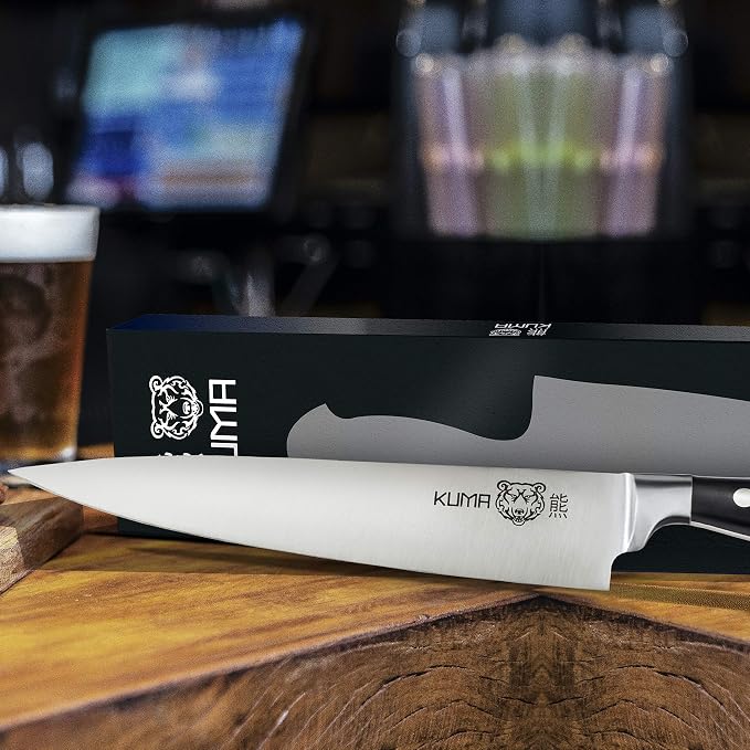 KUMA Chef Knife Set (3 items) - Razor Sharp Out The Box - 8 Inch Chef's Knife for Carving, Slicing, Chopping - Great Ergonomic Handle - Kitchen Knives (Pro Bolster Edition + Paring Knife + Honing Rod)