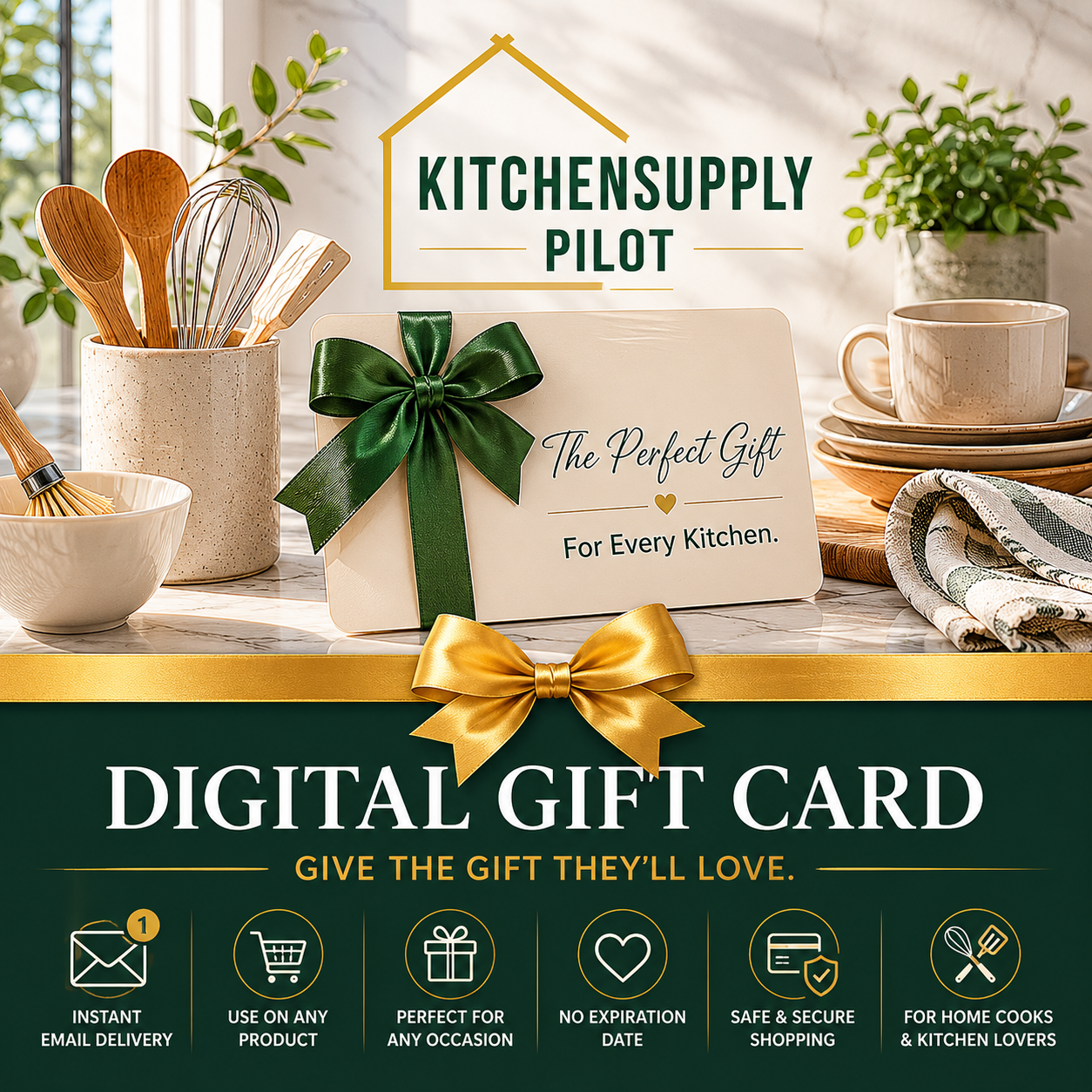 Digital gift card for Kitchensupply Pilot with kitchen items and a green bow on a table.