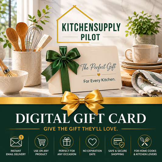 Digital gift card for Kitchensupply Pilot with kitchen items and a green bow on a table.