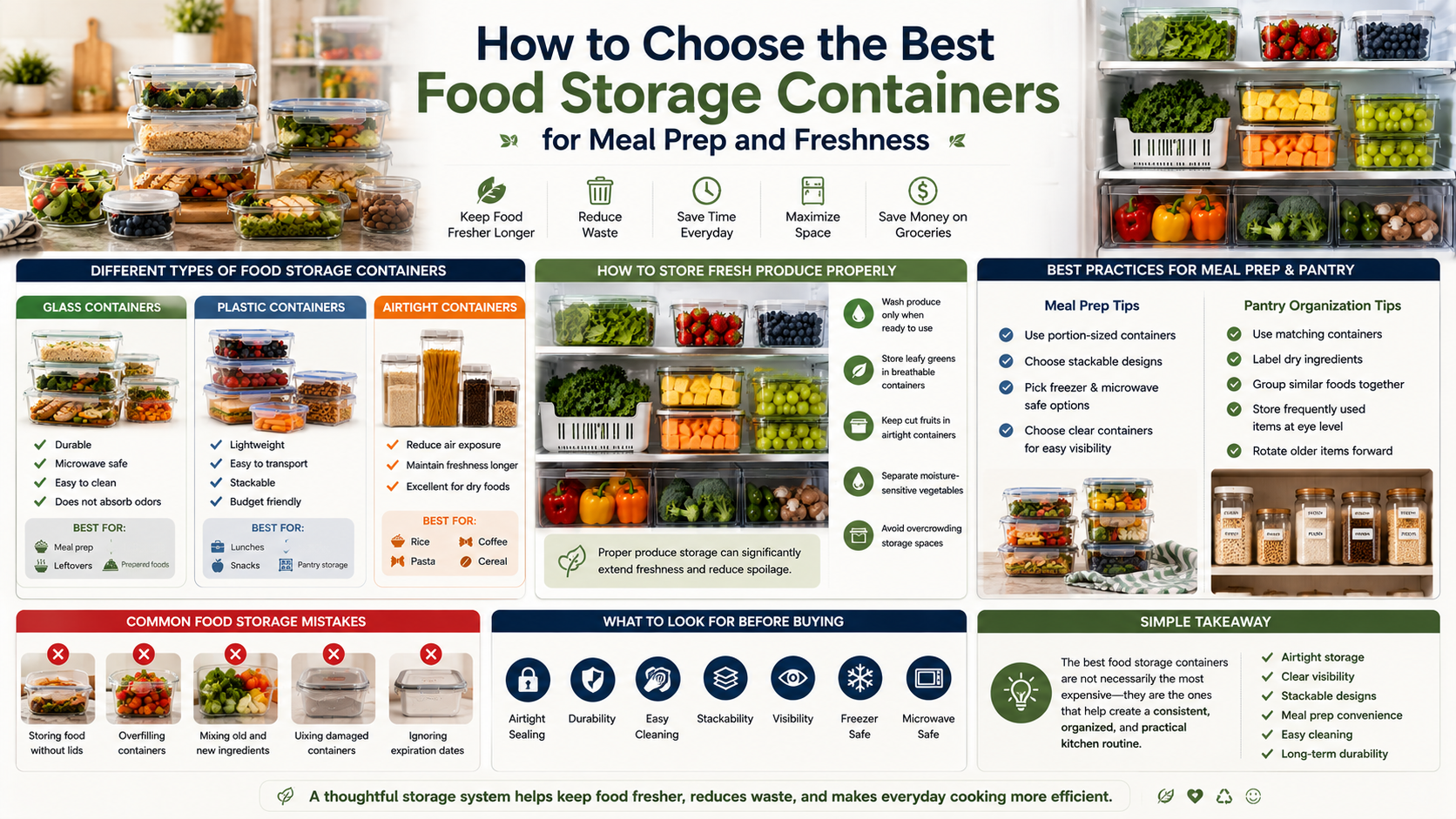 Infographic on choosing the best food storage containers for meal prep and freshness.